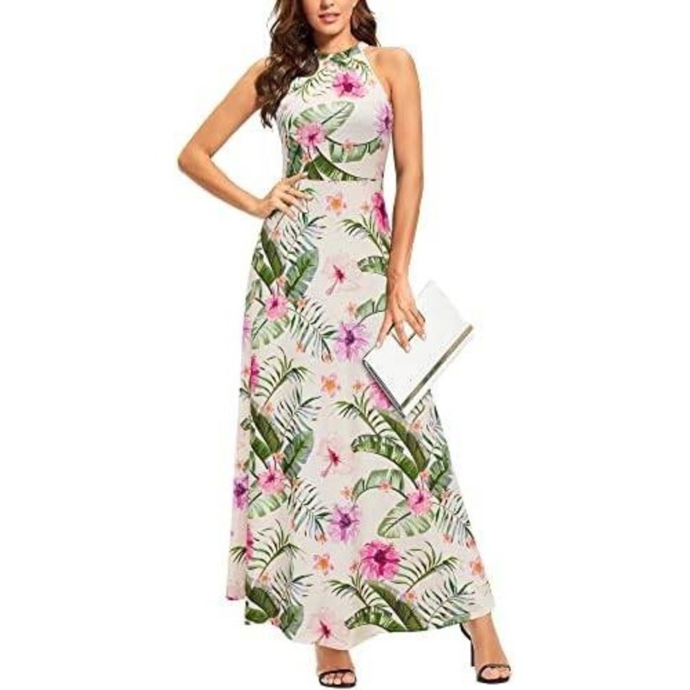 Tropical Floral Halter Maxi Dress Cream Pink Palm Leaf Sleeveless Small NWOT